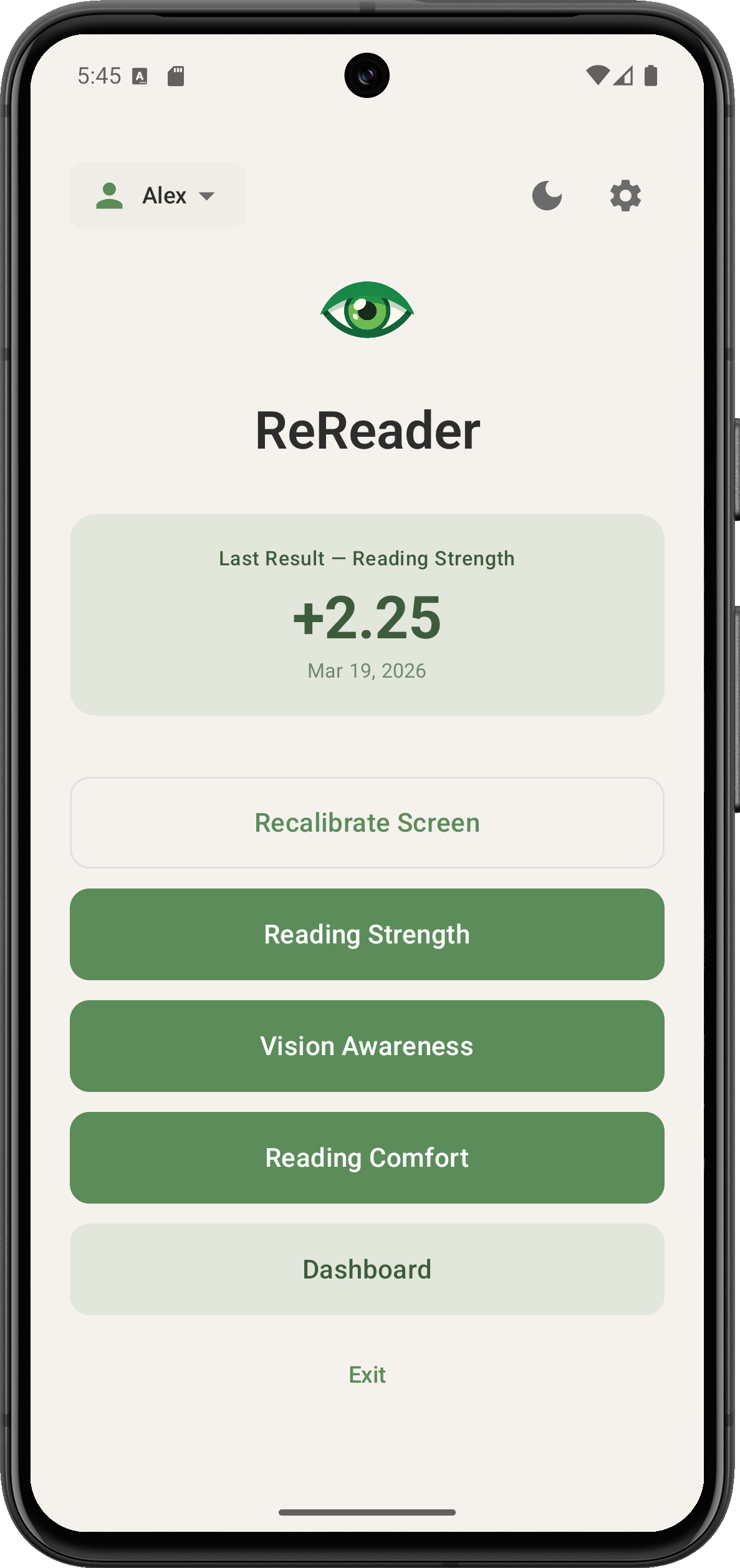 ReReader app home screen showing reading strength, vision awareness, and reading comfort tests