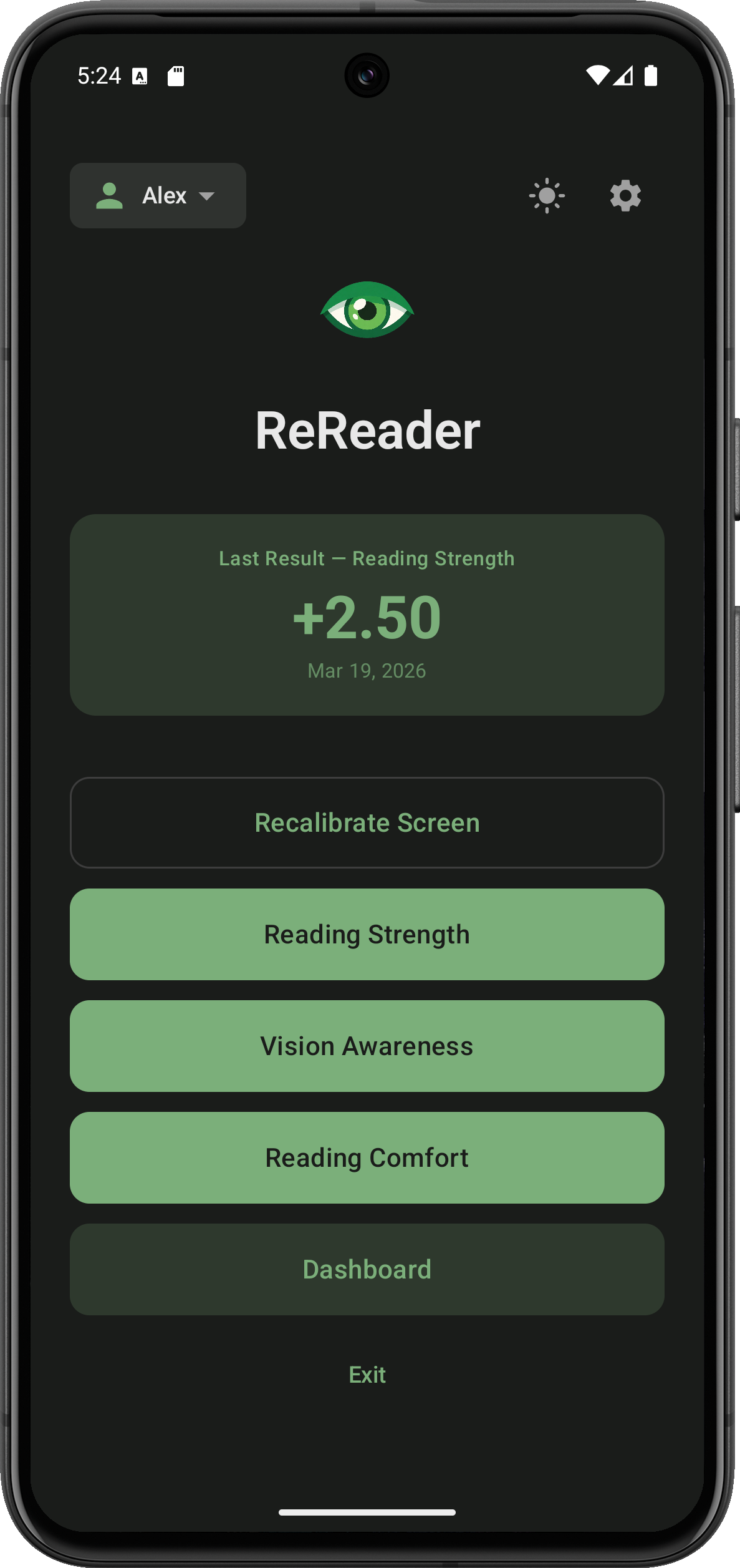 ReReader home screen showing test categories and last result